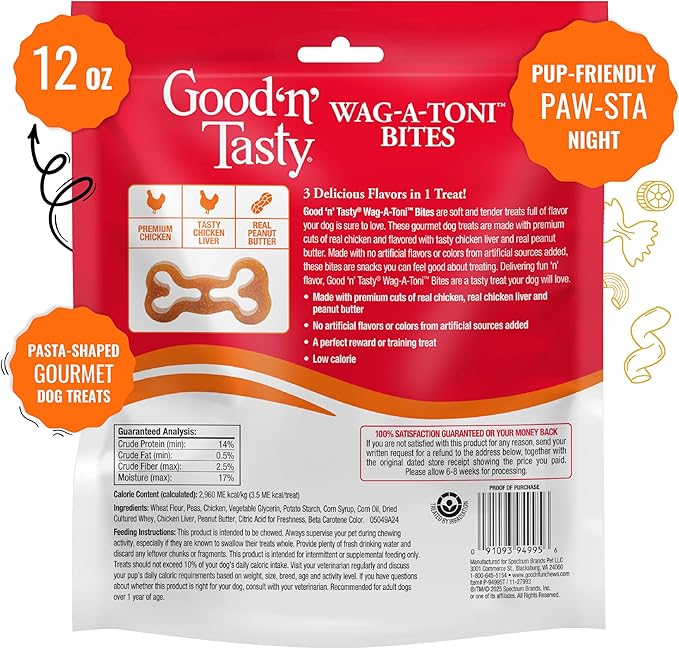 Good ‘n’ Tasty Triple Flavor Wag-A-Toni Bites, Low-Calorie Pasta-Shaped Dog Treats, Made with Real Chicken, Tasty Chicken Liver & Real Peanut Butter, Perfect Reward or Training Treat, 12 oz