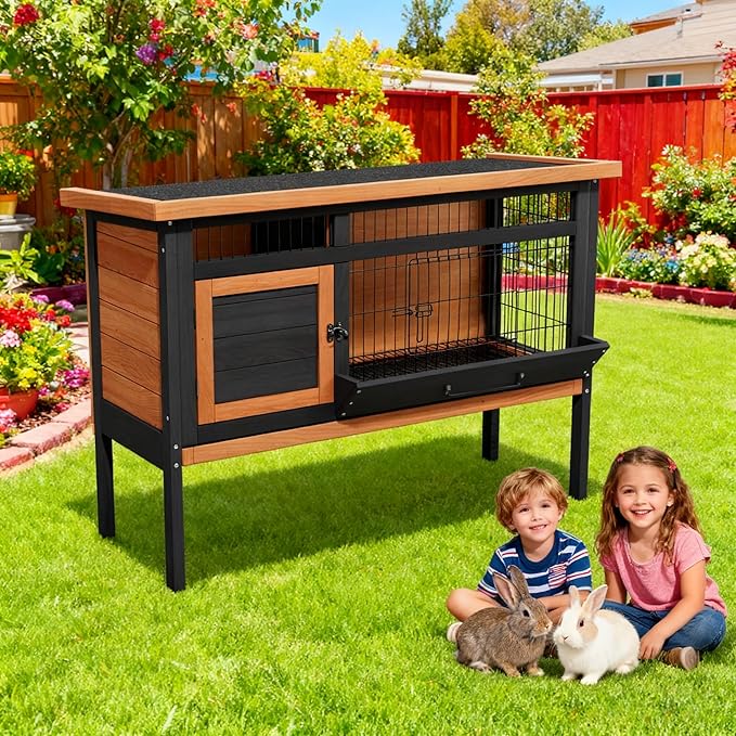 Wooden Rabbit Hutch Elevated Bunny Cage Indoor Outdoor, 43.3" Small Animal House with No Leak Tray Feeding Trough and Openable Asphalt Roof for Guinea Pigs Quails Ducks & Hedgehogs (Brown)