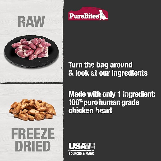 PureBites Chicken Heart Freeze Dried Dog Treats, 1 Ingredient, Made in USA, 3oz