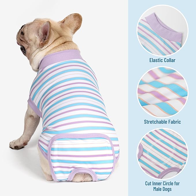 cyeollo Recovery Suit for Dogs Surgery Suit Female Spay Soft Pet Onesie Bodysuit Male Dog Neuter, Small Dogs Surgical Recovery Shirt, Striped, L