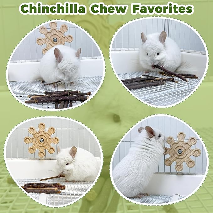 Rotating Chinchilla Chew Toys for Teeth and 250g(0.55lb) Organic Apple Sticks, Natural Wooden Chinchilla Cage Accessories Enrichement for Playtime Puzzle, Chinchillas Treats Molar Wood
