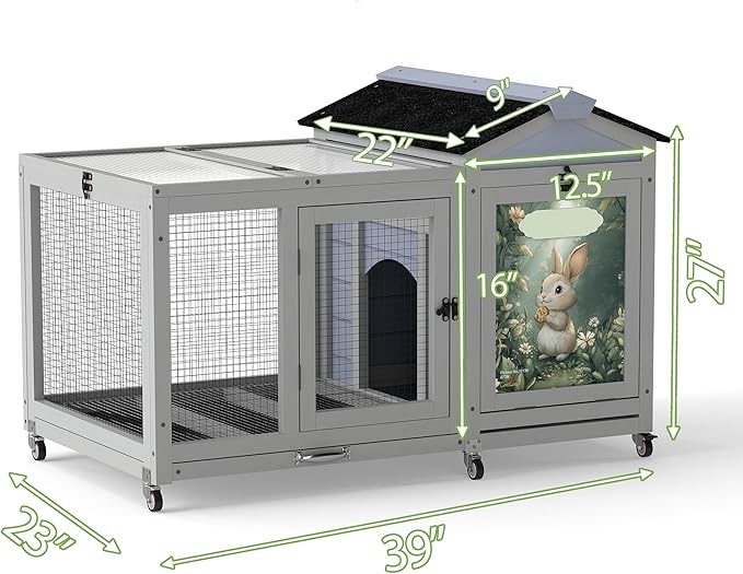 COZIWOW 39IN Heated Rabbit Hutch with Wheels, Insulated Indoor/Outdoor Bunny Cage House with Cleaning Tray, Sun Panel & Animal Pattern, Spacious Rabbit Cage for 1-2 Bunnies, (Grey & Air Purifier)