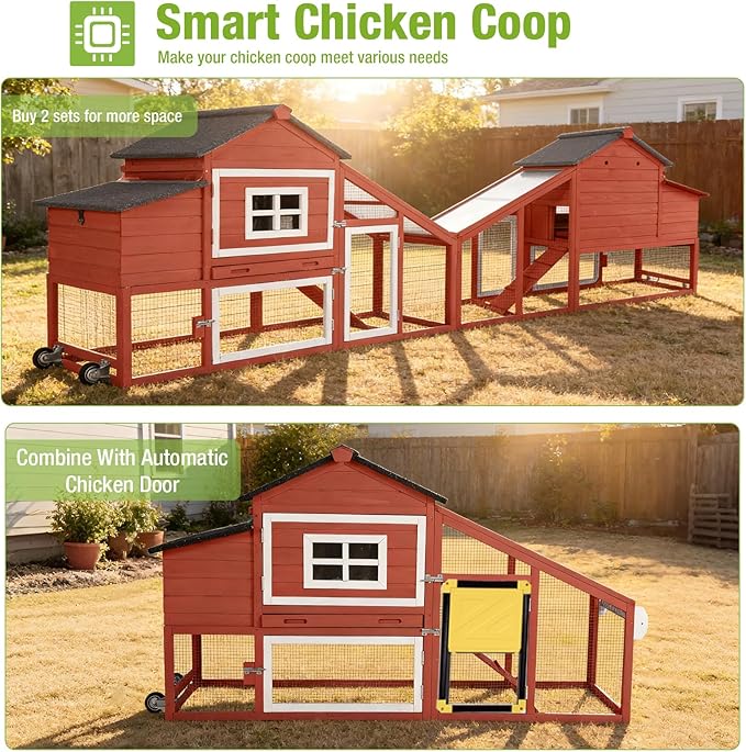 GUTINNEEN Chicken Coop with Wheels, Expandable Hen House Poultry Cage with Run, UV-Protected Roof, Divided Nesting Boxes, Easy One-Person Move, Ideal for 2 Adult Chickens or 4 Bantams, 72.3" L, Red