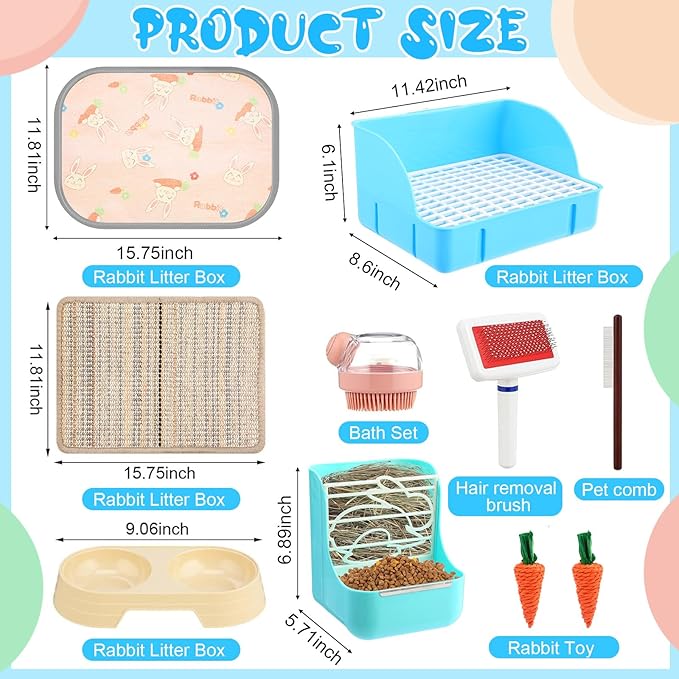 Honeydak 10 Pcs Rabbit Starter Kit Small Litter Box Bunny Grooming Kit Scratch Pads Hay Feeder Bowl Ice Pad with Bunny Toys for Guinea Pig Rabbit Accessories (Blue)