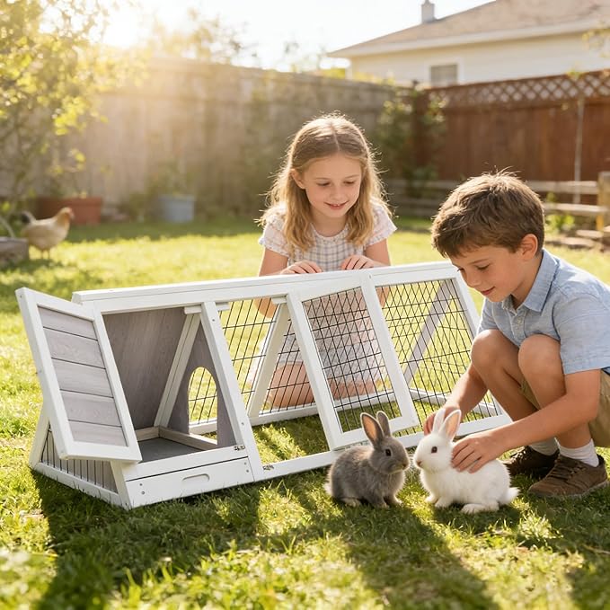 Wooden A-Frame Rabbit Hutch Bunny Cages with Ventilating Wire & 2 Doors Indoor Outdoor Portable Playpen Run House for Chicken Duck Quail Poultry & Small Animals (Grey)