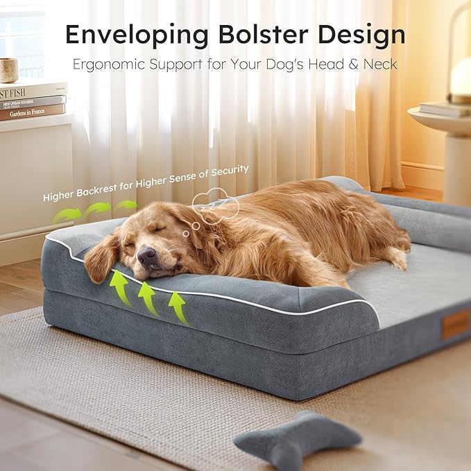 Dog Beds for Large Dogs, Orthopedic Dog Bed with Cooling Gel Memory Foam, Waterproof Large Pet Bed with Removable Washable Cover, 36" Pet Sofa Couch Dutch Velvet with Bone Toy, Dark Gray