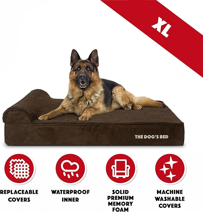 The Dog’s Bed Orthopedic Memory Foam Dog Bed with Headrest, Calming Surface – CertiPUR-Certified Foam, Plush Fabric, Brown Plush, XL, 6-Inch