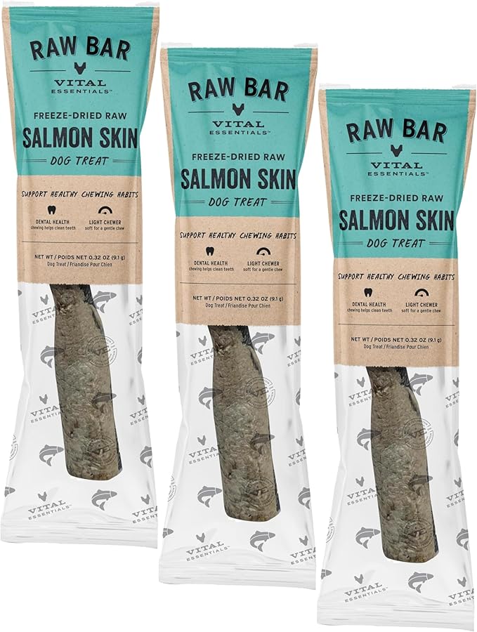 Vital Essentials Freeze-Dried Raw Salmon Skin Dog Treat & Natural Chew, 3-Pack | Single Ingredient Dog Treat for Light Chewers | Made in USA