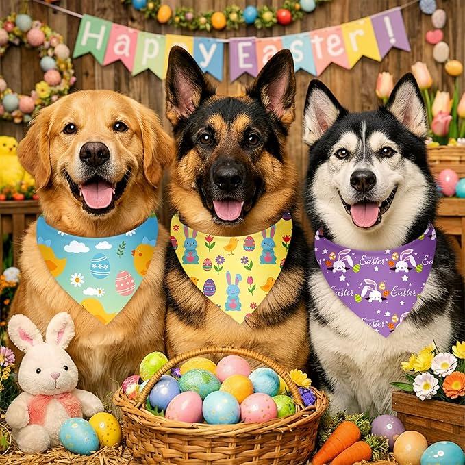 Weewooday 50 Pcs Easter Dog Bandanas Bulk with Bunny Rabbit Egg Carrot Pattern Soft Bibs Adjustable Triangle Pet Scarf Bowtie for Small Medium Large Costume Grooming(31.5 x 21.7 X21.7 Inch)