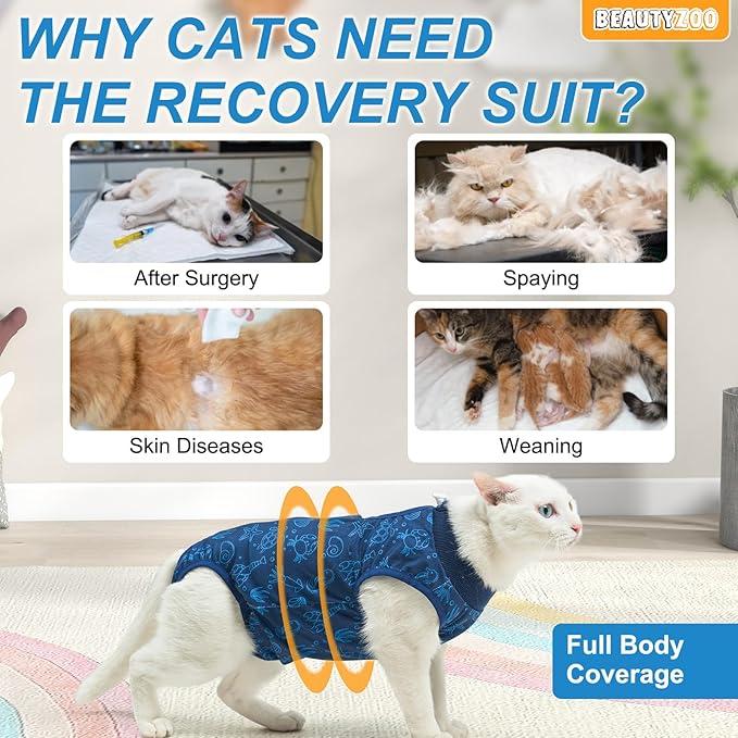 BEAUTYZOO 2 Pack Cat Recovery Suit, Cat Onesie for Cats After Surgery Female Male, Kitten Spay Neuter Surgical Recovery Body Suit Cone of Shame Alternative, Anti Lick Pet Anxiety Vest, Blue S