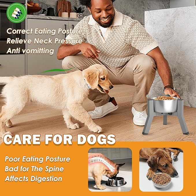 SHAINFUN Raised Dog Bowl Stand, Adjustable Width 5.2-8.66'', Eelevated Dog Food Water Bowls, 7.8'' Tall, Grey-Bowl Not Included