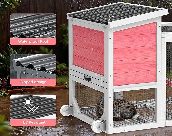 TIMHAKA 2-Story Rabbit Hutch, Insulated Bunny Hutch w/Chew-Proof Ramp & Wheels, Indoor/Outdoor Bunny Cage w/Leak-Proof Trays and Openable Waterproof Roof for Guinea Pig, Pink