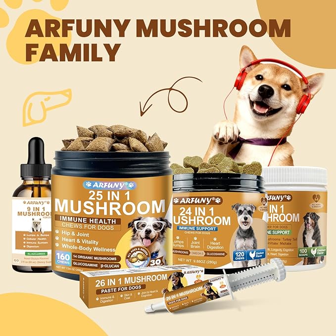 Mushrooms for Dogs - Turkey Tail Mushroom for Dogs - Gut, Skin, Joint, Immune Health- Dog Lumps & Bumps - 13 Organic Mushrooms Turkey Tail, Reishi, Lions Mane, Glucosamine, MSM - Chicken Flavor