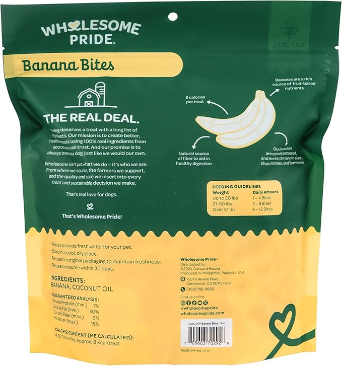 Wholesome Pride Banana Bites Dog Treats – 2-Ingredient Banana Chips for Dogs, Grain-Free, Banana & Coconut Oil, 16 oz