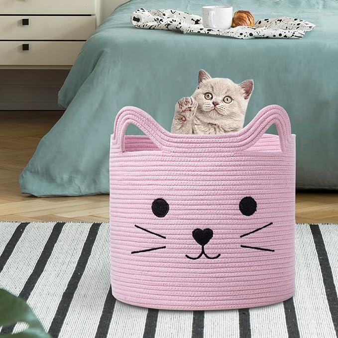 VK VK·LIVING Cat Toy Basket Cute Cotton Rope Animal Storage Pink Laundry Baskets for Toys, Clothes,Gifts,Towels, Blankets, Pet Bed Pink Laundry Hamper for Organizing 15''x14''