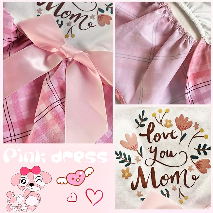 Idepet Dog Dress Love You Mom, Mother's Day Dog Dresses Puppy Skirt Pet Apparel Daisy Sleeveless Holiday Clothes for Small Dogs Girls and Cats, Pink Plaid,XS