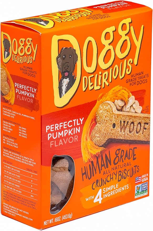 Doggy Delirious Crunchy Dog Treats – for All Pet Sizes, Breeds – All-Natural Puppy Treat – 100% Human-Grade – Delicious Pet Treat Bones, Snacks for Dogs – Pumpkin, 16 Oz.