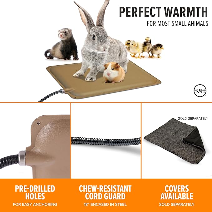 K&H Pet Products Small Animal Outdoor Heated Pad, Waterproof, Chew Resistant, Safety Listed, Indoor Outdoor Heater Warming Pad for Cat Houses, Rabbit Hutches, or Chick Brooders - 12 X 9in Tan 25W
