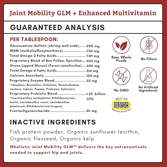 Wholistic Pet Organics - Hip and Joint Supplement for Dogs & Cats - Cat & Dog Joint Supplement - Green Lipped Mussels, Glucosamine, Chondroitin for Dogs & Cat Mobility Support - 2 Lb - 90 Scoops