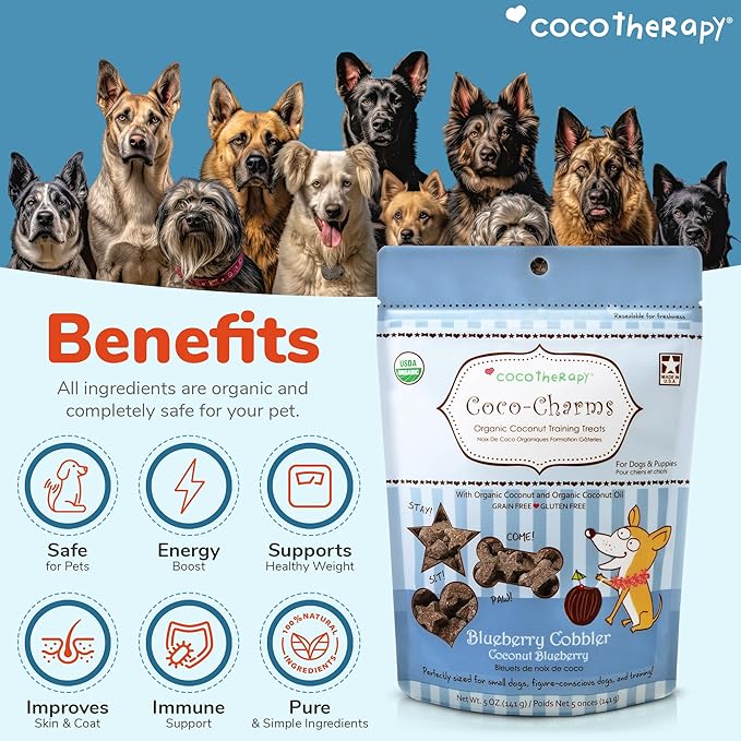 Cocotherapy Coco-Charms Blueberry Cobbler - Organic Dog Treats, All Natural, Vegan Training Treat for Dogs with Organic Coconut Oil