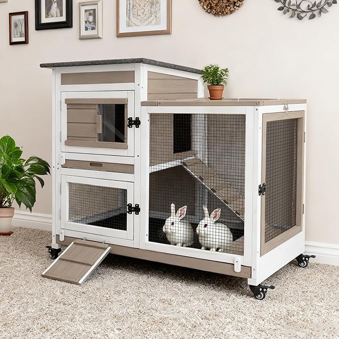 Gowoodhut 40" L Rabbit Hutch Indoor Wooden Bunny Hutch Outdoor 2 Story Rabbit Cage on Metal Wheels with Run and 2 Deeper Pull Out Trays Guinea Pig Pet House for Small Animals