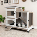 Gowoodhut 40" L Rabbit Hutch Indoor Wooden Bunny Hutch Outdoor 2 Story Rabbit Cage on Metal Wheels with Run and 2 Deeper Pull Out Trays Guinea Pig Pet House for Small Animals