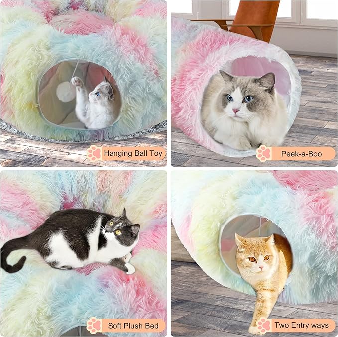 Christmas Tree Cat Tunnel for Indoor Cats, Collapsible Cat Donut Tunnel with Central Mat, Fluffy Cats Cave Tube with Hanging Ball for Kitten Rabbit Puppy Ferret (Color)