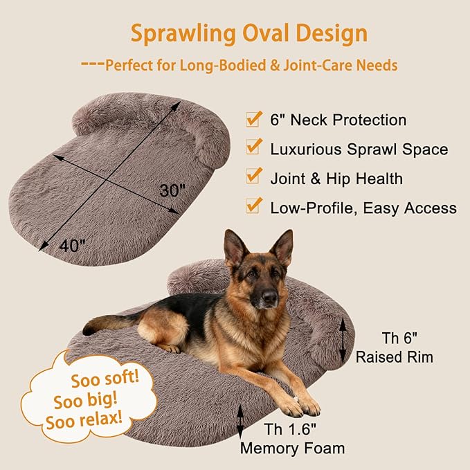 Calming Dog Beds for Medium Large Dogs, Orthopedic Cushion Plush Large Pet Bed Lounge with Washable Cover, Anti-Anxiety Soft Fluffy Faux Fur Fits up to 60 lbs Pets (Oval, Brown 40"x30")
