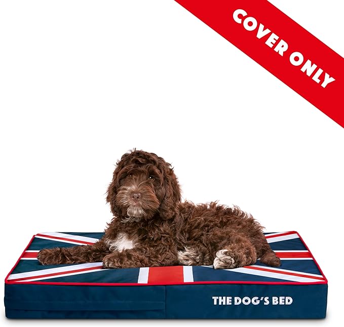 The Dog’s Bed Replacement Outer Cover, Oxford Fabric, Blue with Red Trim & UK Center Flag,M, 4-Inch