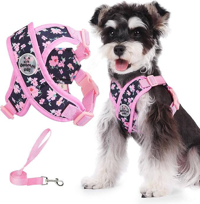 Patas Lague Dog Harness with Leash Set Adjustable Soft Padded Step-in Dog Vest No Choke No Pull Reflective for Small Medium Pets with Poop Bags and Dispenser, Solid and No-chew, Floral Pink S