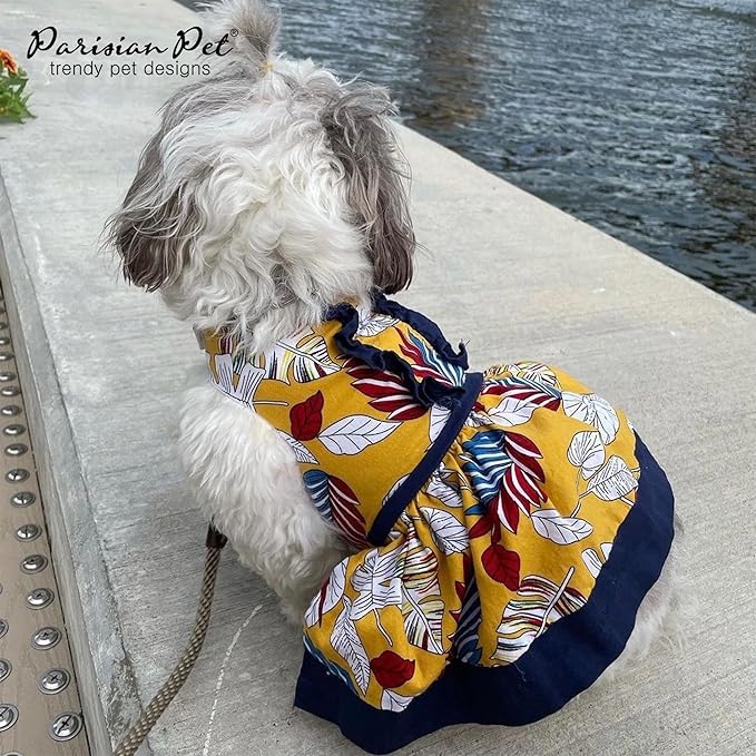 Parisian Pet Summer Dog Dress - Multicolor Clothes for Large Dogs Girl - Pet Dress with Leaf Pattern - Stylish Printed Beach Dog Outfit - Lightweight Puppy Clothes - Sleeveless Dresses for Dogs
