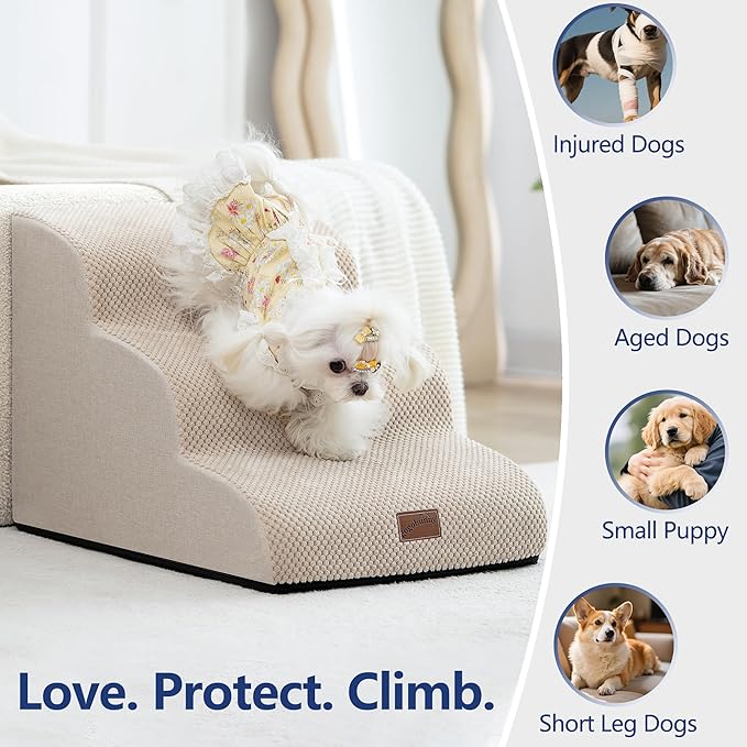 GoGoBunny Ramp Dog Stairs for Couch Sofa and Chair 11.8" H, 2-Step Pet Steps for Small Dogs and Cats, Non-Slip Waterproof Fabric Cover, Stable and Balanced Indoor Step, Pets Friendly, Beige