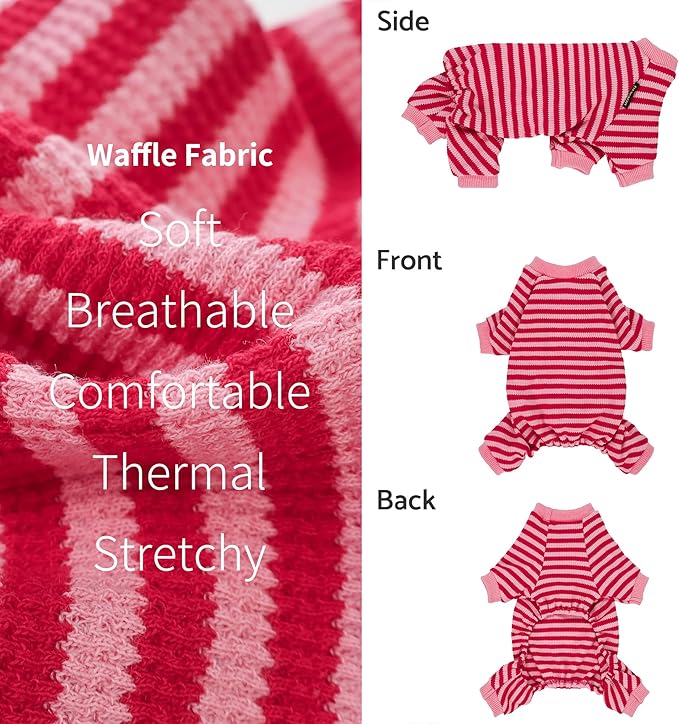 Fitwarm Pink and Red Striped Dog Pajamas, Waffle Dog Clothes for Small Dogs Girl Boy, Puppy Onesie with Feet, Pet Cat Outfit, XS