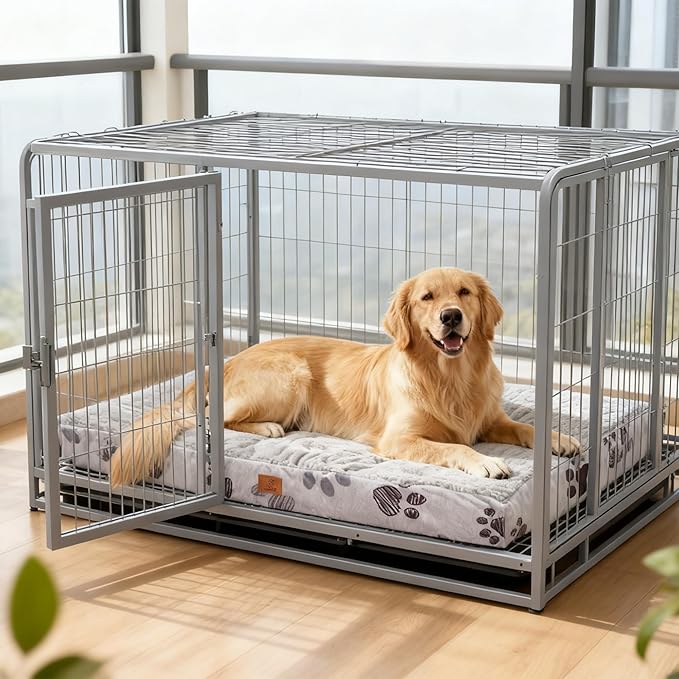 XL Dog Bed for Crate, 41x27 Inch Washable Crate Mat with Removable Cover & Anti-Slip Bottom, Comfy Orthopedic Egg Crate Foam Flat Pet Bed, Beige