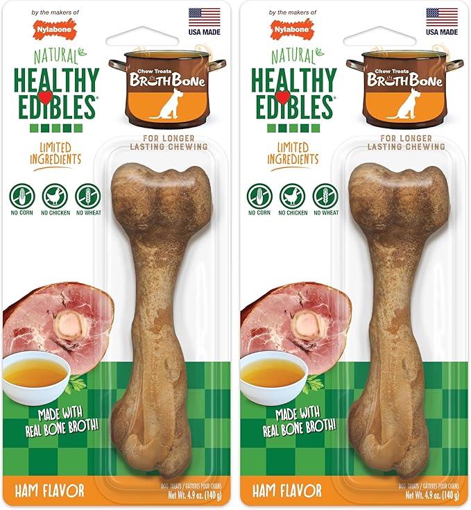Nylabone Healthy Edibles Broth Bone Natural Dog Chews Long Lasting Treats Ham Flavor Large/Giant - Up to 50 lbs. (1 Count) (Pack of 2)