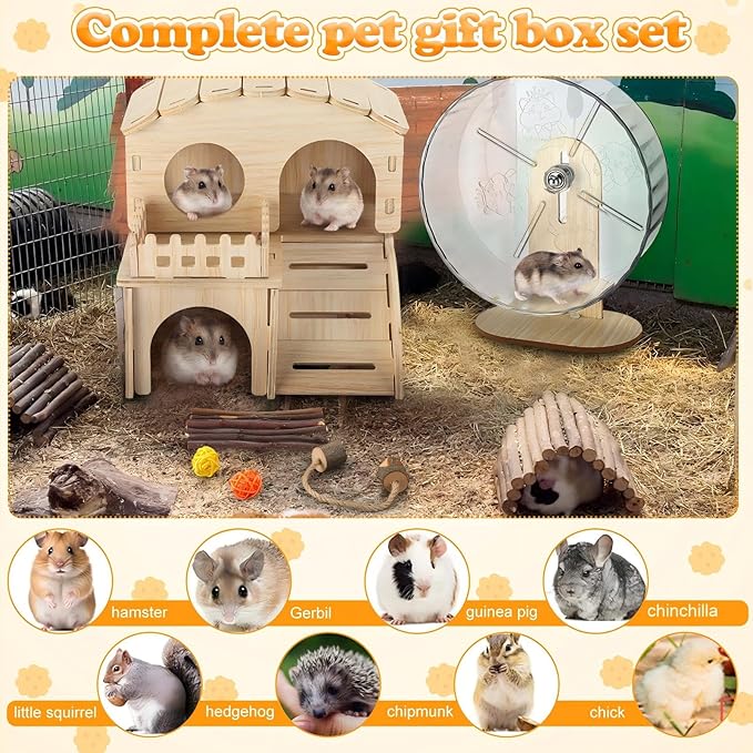 11 Pcs Hamster Cage Accessories Set, Bridge, Exercise Wheel, Swing, Chew Toys & More, Natural Wood Hamster Play Set for Dwarf Hamsters, Mice Small Animals Habitat(Wooden Hawaii House)