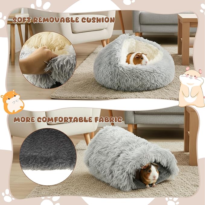 2 Pack Guinea Pig Hideout Bed with Tunnel, Large Soft Plush Cozy House, Washable Hideaway for Guinea Pigs and Small Animals(Style 2)