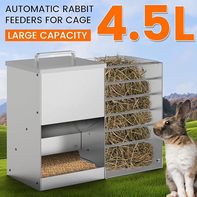 Automatic Rabbit Feeders for Cage Hay Feeder 4.5L Bunny Feeder Stainless Steel Rabbit Food Dispenser for Guinea Pig Squirrel Small Animals Trough