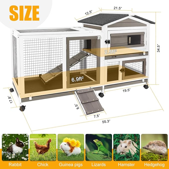 Rabbit Hutch Indoor and Outdoor 2-Story Rabbit Cage with Pull Out Tray,Fir Wood Pet House with Wooden Ramp,Waterproof Bunny Cage Indoor with 2 Asphalt Roofs,Grey (55.3" L x 21.5" W x 34.5" H)