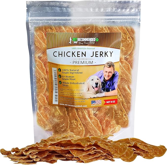 Vet Recommended Premium Chicken Jerky for Dogs - Giant 8oz Bag | All Natural Dog Treats - Single Ingredient - No Fillers or Preservatives - Whole Dehydrated Chicken - Made in USA
