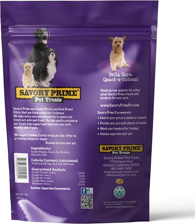 Savory Prime Sweet Potato & Duck Jerky Wrap Dog Treats, Made with 100% Real Duck Breast, Farm Raised, Rawhide Free, Healthy, Easily Digestible, Limited Ingredient, 3 Pounds (Pack of 1)