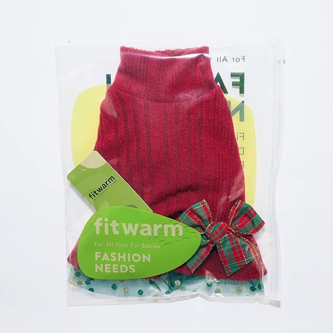 Fitwarm Christmas Outfit, Knitted Tulle Sweater Dress, Winter Clothes for Small Dogs Girl, Female Pet Apparel, Red, Green, Small