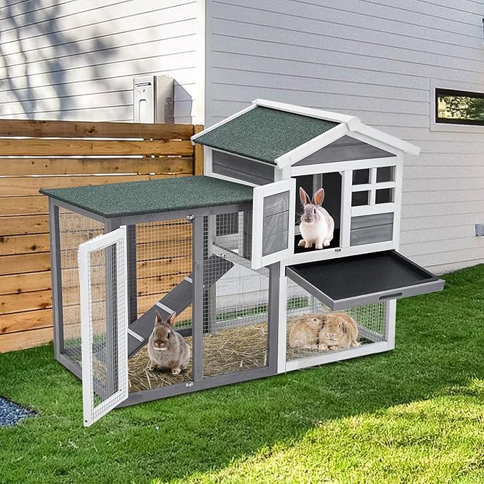 Garvee 48'' Bunny Hutch Indoor with 1 Leak-Proof Trays, Waterproof Roof Rabbit Hutch Indoor/Outdoor, 2-Tier Wooden Bunny House, Gray and White
