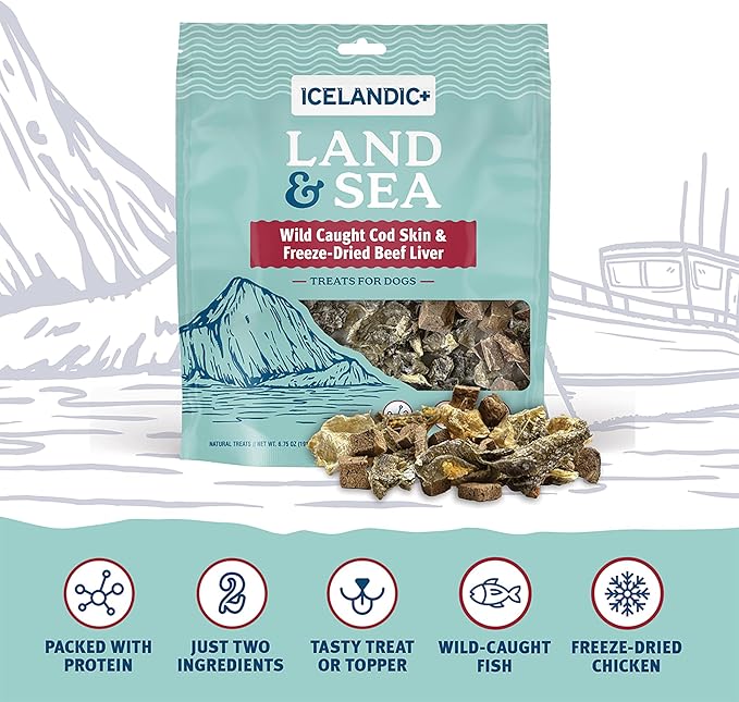 Icelandic+ Land & Sea Wild Caught Cod Skin & Freeze-Dried Beef Liver - 6.75oz Bag, Dog Treat & Food Topper, 2 Ingredients, No Preservatives, Natural (Pack of 2)