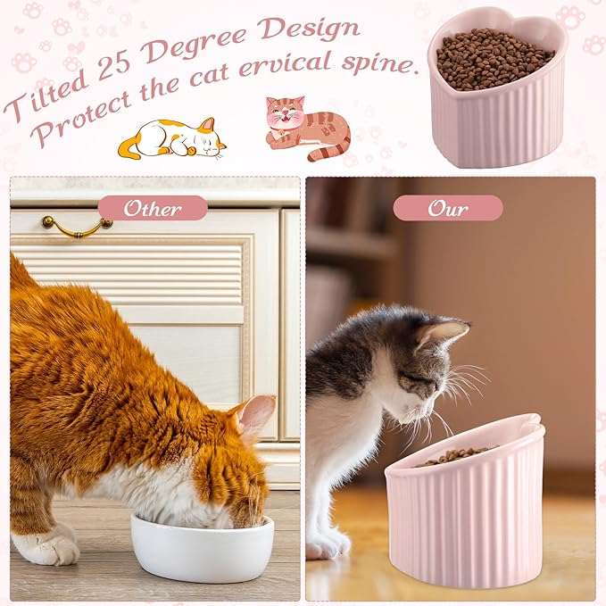 Mumufy 2 Pcs Ceramic Elevated Cat Bowls Tilted Elevated Raised Pet Bowls Anti Vomit Cat Dish for Indoor Stress Free Water Dish Feeder for Puppies, Heart Shaped(Pink)