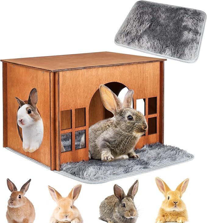 Large Rabbit Hideouts, Wooden Bunny House Rabbit Houses and Hideouts Habitat Castle for Indoor Bunnies, Guinea Pigs, Hamsters, Chinchillas