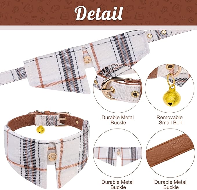 EXPAWLORER Puppy Collar and Leash Set - Classic Plaid Small Dog Collar with Bow Tie, Cute Dog Collar and Leash Set, Adjustable Dog Collar for Small Dogs Cats Holiday Birthday Gifts, Beige Small