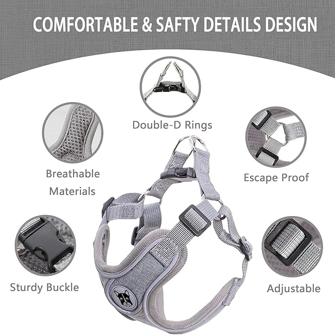 Dog Frenchie Harness and Leash Set,No Pull Adjustable Step in Soft Mesh Vest Harness,Easy Walk Reflective Pet Harness with Padded Handle for Walking Training Small Medium Large Dogs and Cats (Grey, M)