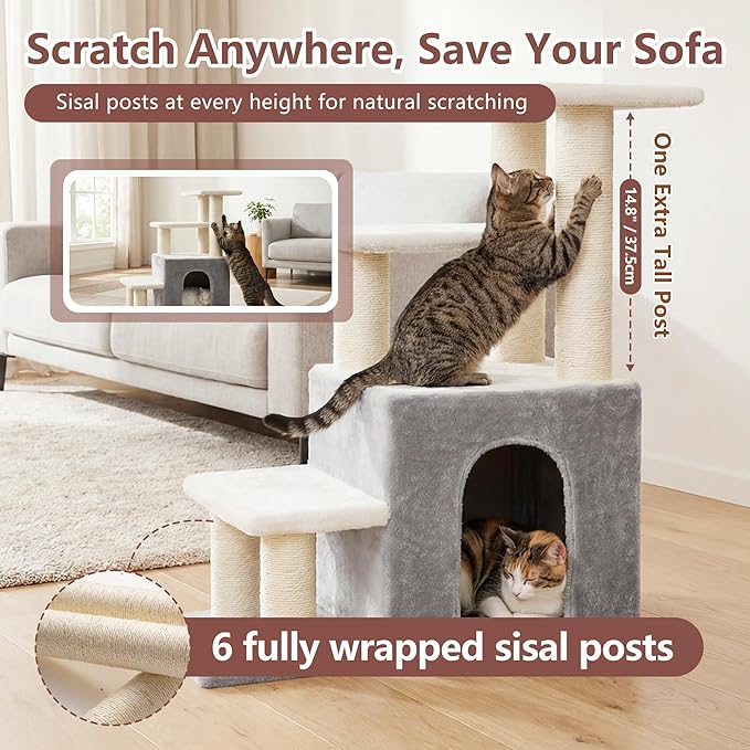 Heybly Pet Stairs for Cats, 29.5 inch High Dog Steps for Small Doggie Rabbits, 9.8''Depth Cat Stairs, Indoor Cat Ladders for High Bed for Pet's Joints, 1 Condo Cave, 6 Sisal Scratcher HSP002SWWH