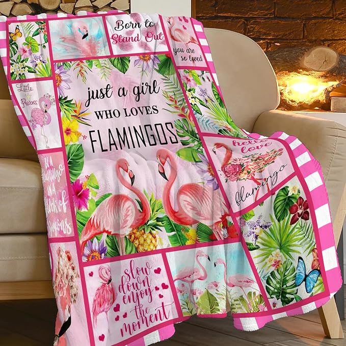 SweetFox Just A Girl Who Loves Flamingos Blanket, Flamingo Decor Throw Blanket Gifts for Girls Boys Lovers Super Warm Soft Plush Fleece Flannel Bedding Blankets for Kids Adults Men Women 50"X40"